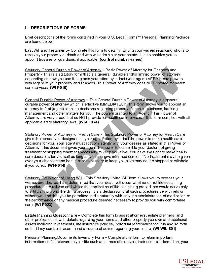 Get Wisconsin Life Documents Planning Package, including Will, Power of Attorney and Living Will Preview Wisconsin Life Documents Planning Package, including Will, Power of Attorney and Living Will