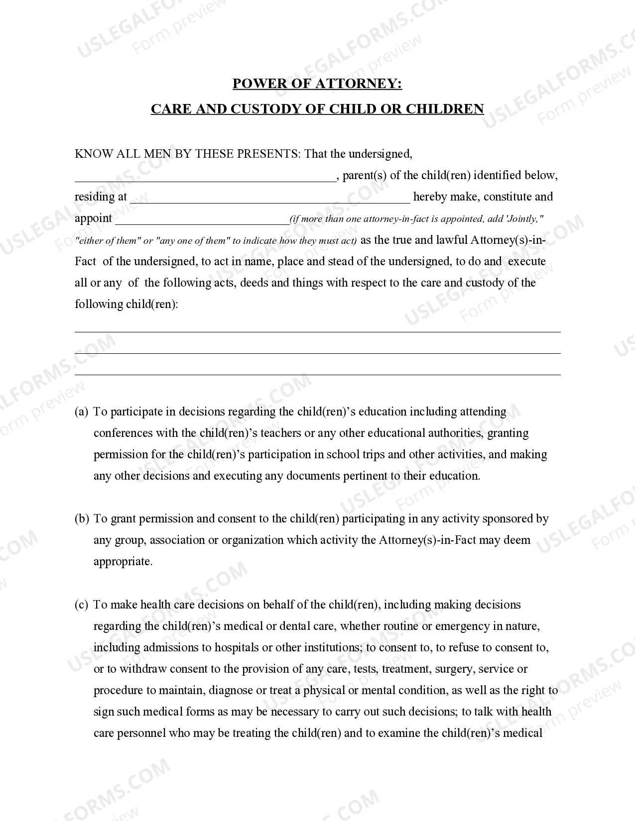 Preview General Power of Attorney for Care and Custody of Child or Children