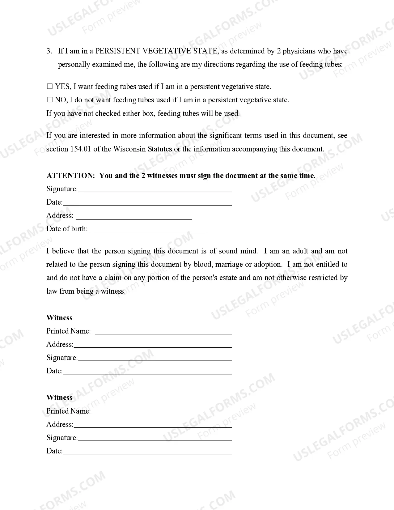 Preview Statutory Living Will - Declaration to Healthcare Professionals