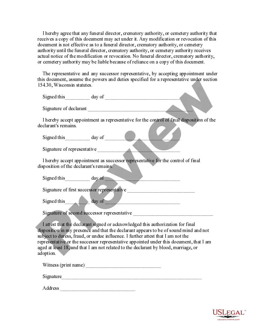 Preview Authorization for Final Disposition Burial Cremation Instructions