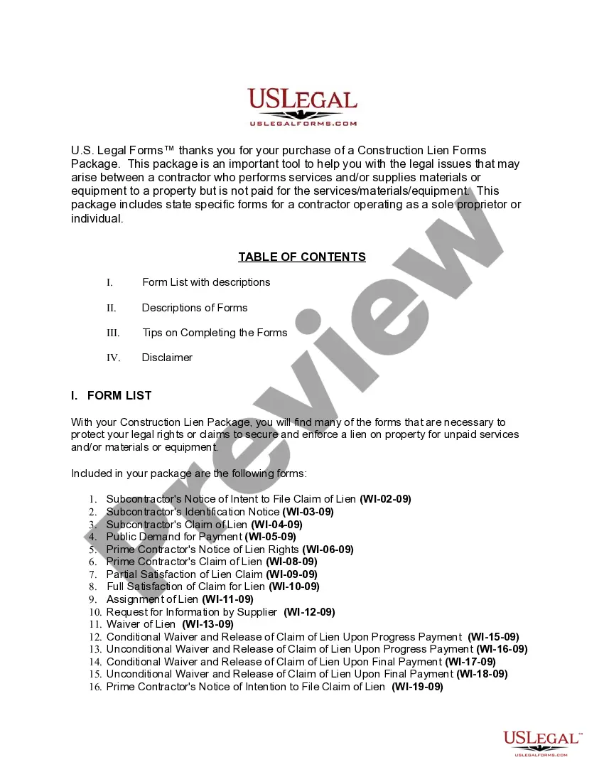 Preview Wisconsin Construction or Mechanics Lien Package - Individual