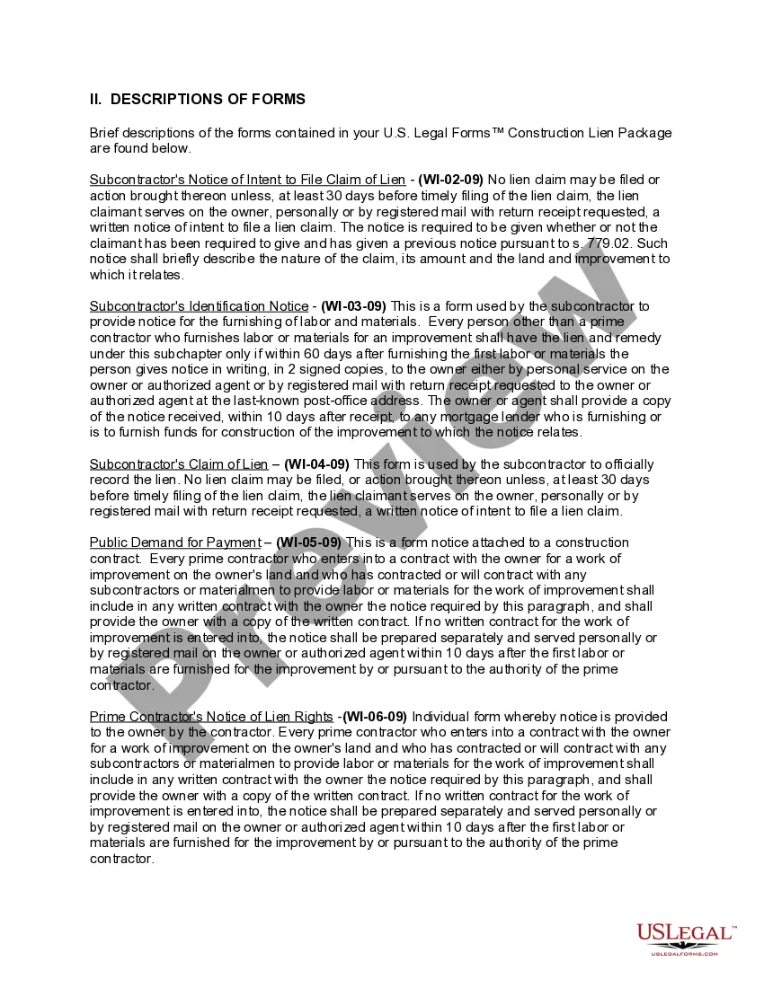 Preview Wisconsin Construction or Mechanics Lien Package - Individual