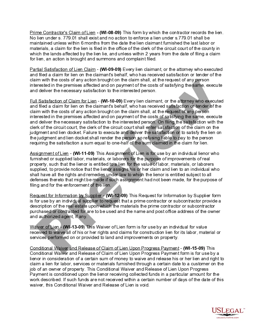 Preview Wisconsin Construction or Mechanics Lien Package - Individual