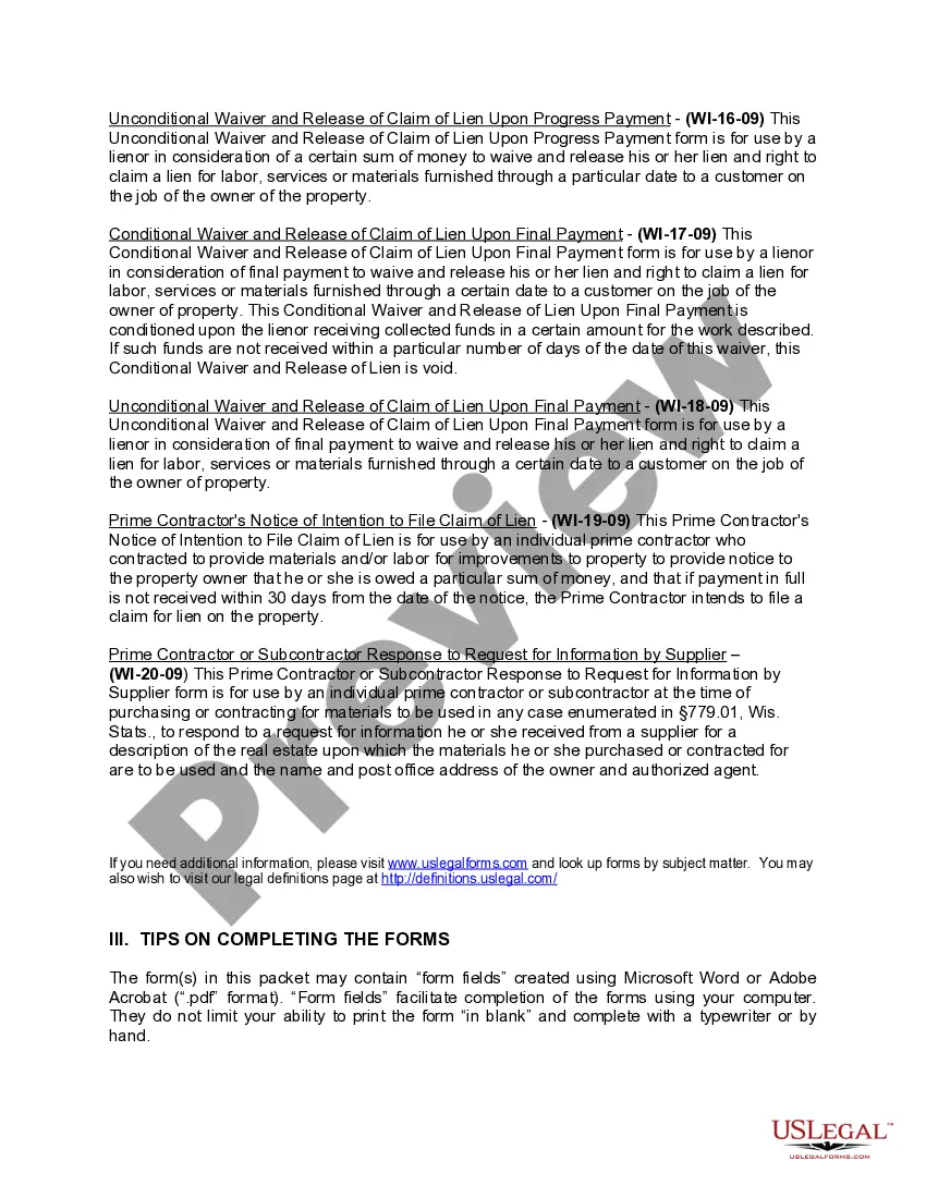 Preview Wisconsin Construction or Mechanics Lien Package - Individual