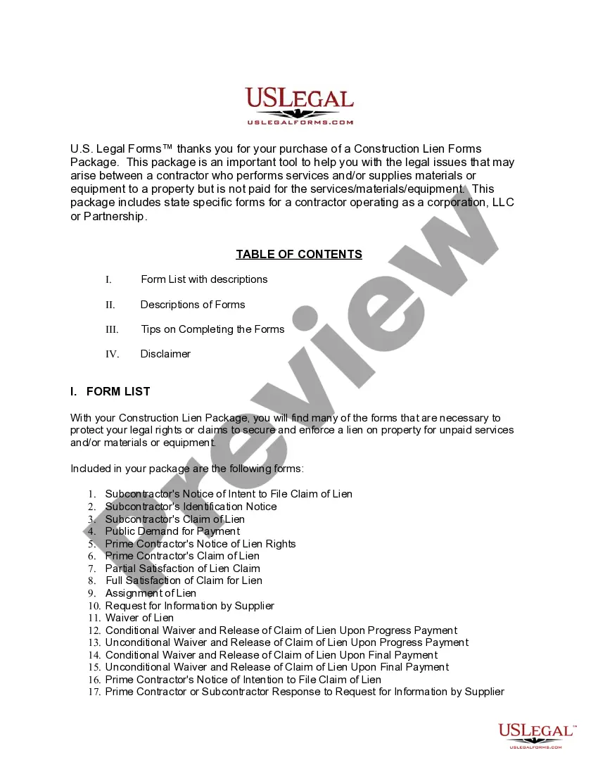 Preview Wisconsin Construction or Mechanics Lien Package - Corporation or LLC