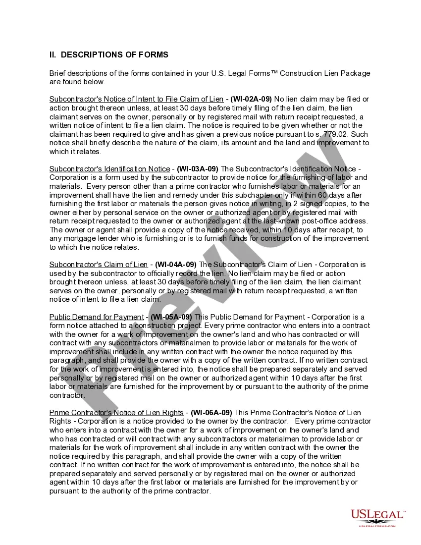 Preview Wisconsin Construction or Mechanics Lien Package - Corporation or LLC