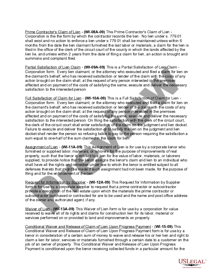 Preview Wisconsin Construction or Mechanics Lien Package - Corporation or LLC
