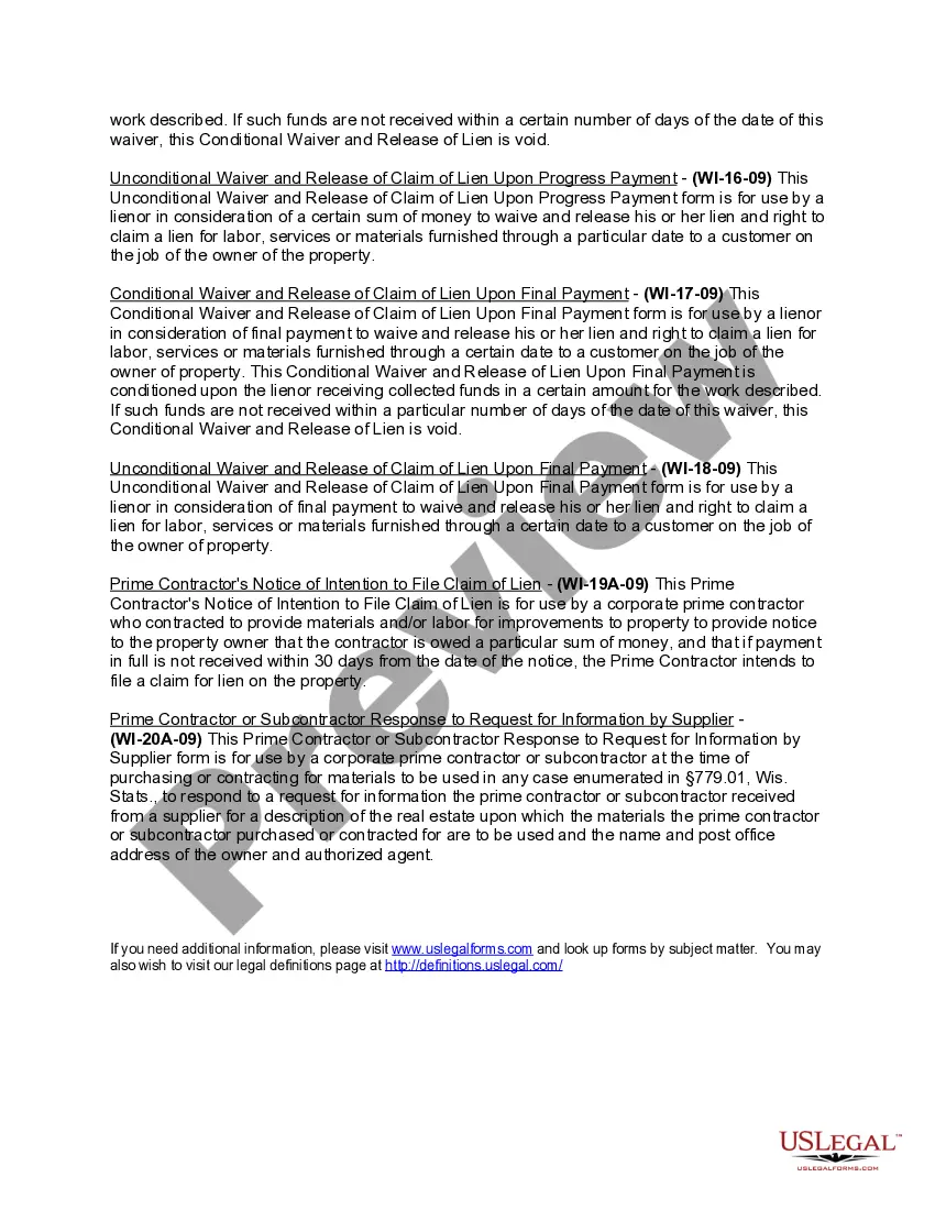 Preview Wisconsin Construction or Mechanics Lien Package - Corporation or LLC