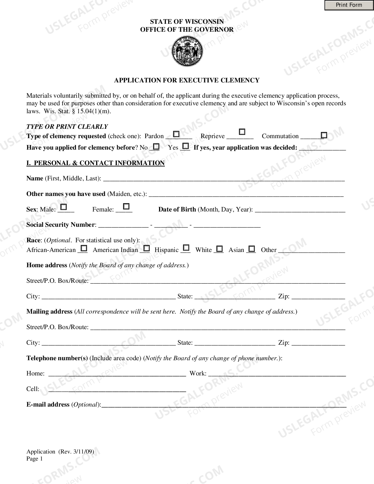 Wisconsin Application for Executive Clemency Executive Clemency