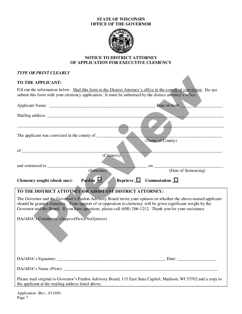 Wisconsin Application for Executive Clemency Executive Clemency