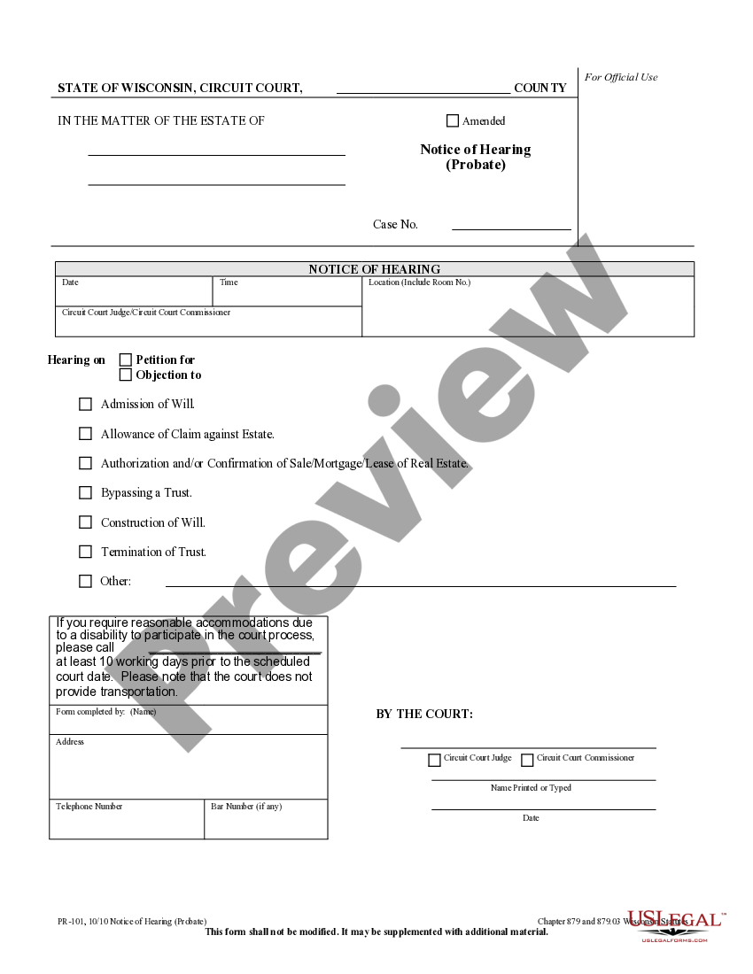 Wisconsin Notice of Hearing Probate Notice Of Hearing Probate US