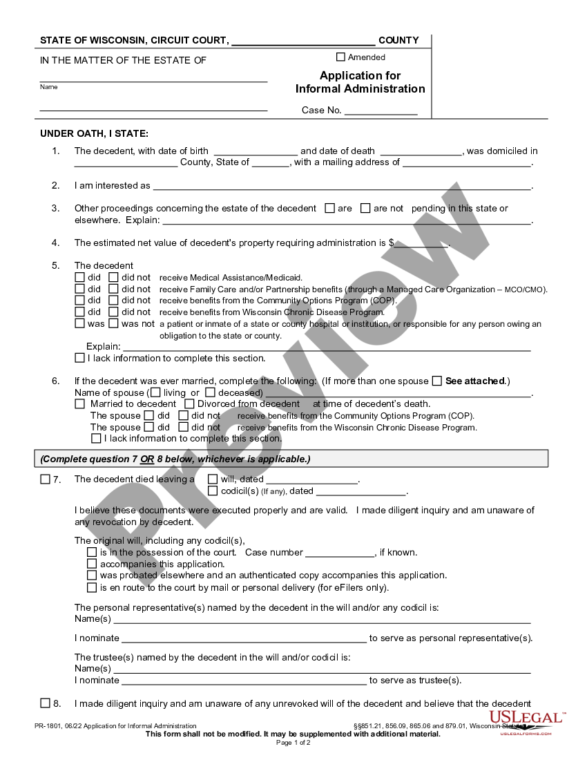 Wisconsin Application For Informal Administration US Legal Forms