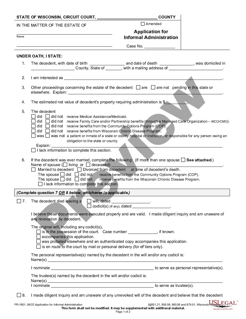 Wisconsin Application For Informal Administration US Legal Forms