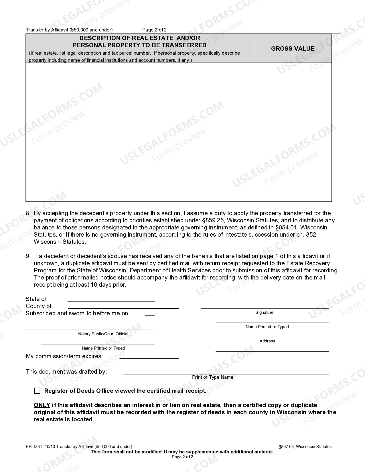 Wisconsin Transfer by Affidavit and 50,000 and under Wisconsin