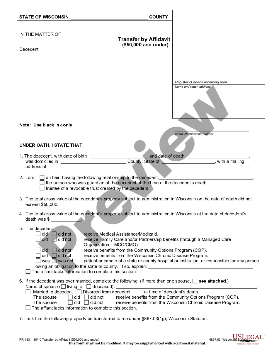 Wisconsin Transfer By Affidavit And 50000 And Under Wisconsin Transfer By Affidavit Us 5486