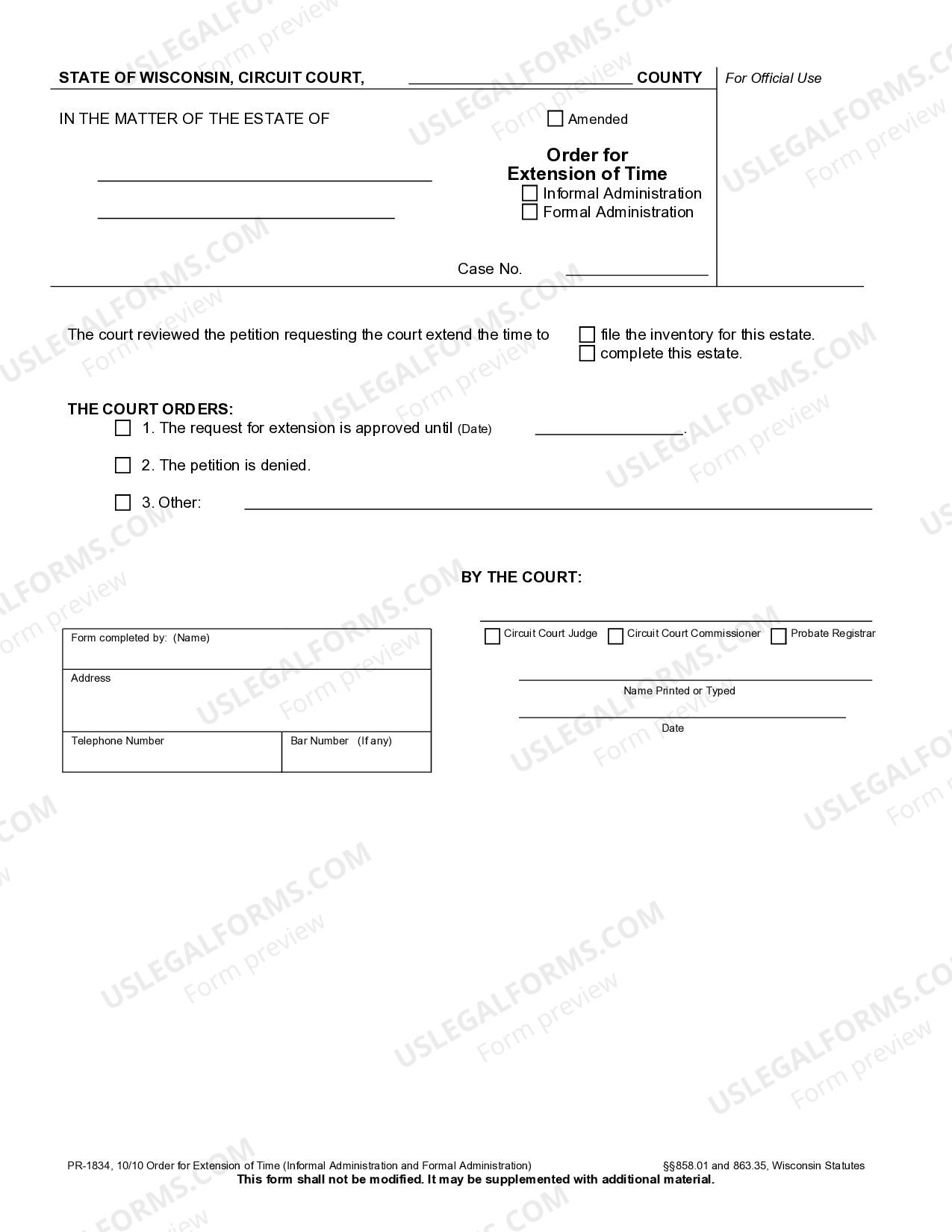 Wisconsin Order for Extension of Time US Legal Forms