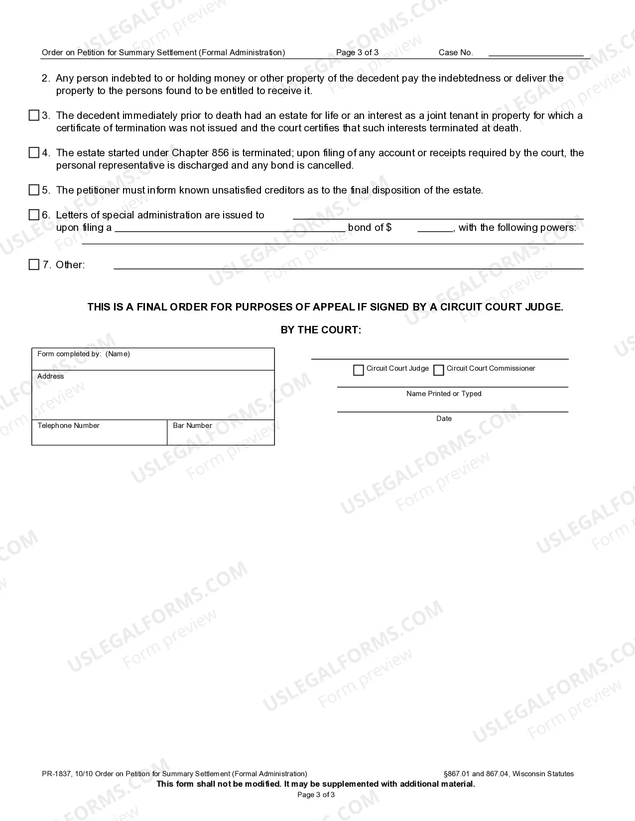 Preview Summary Settlement - Findings and Order