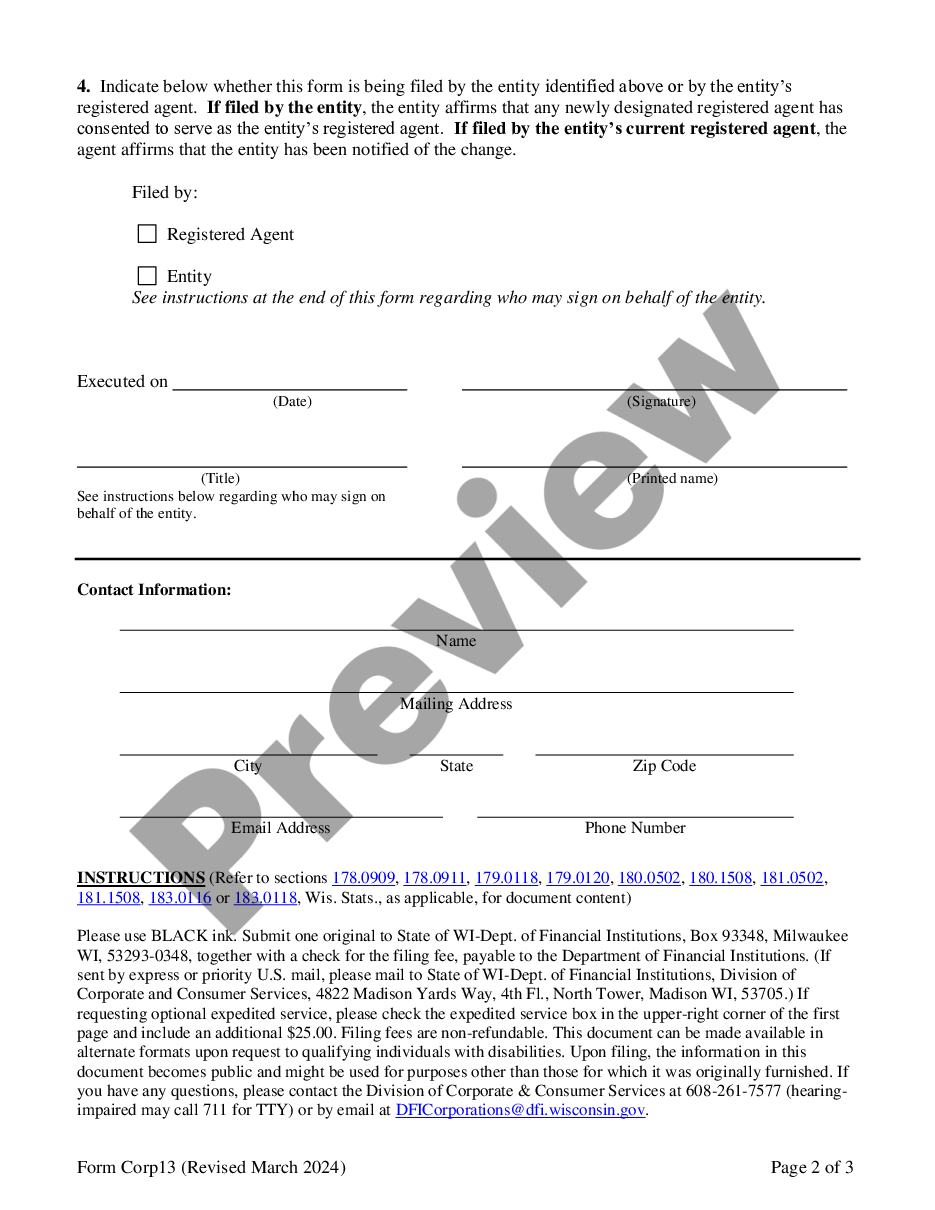 page 1 Wisconsin Change of Registered Agent preview