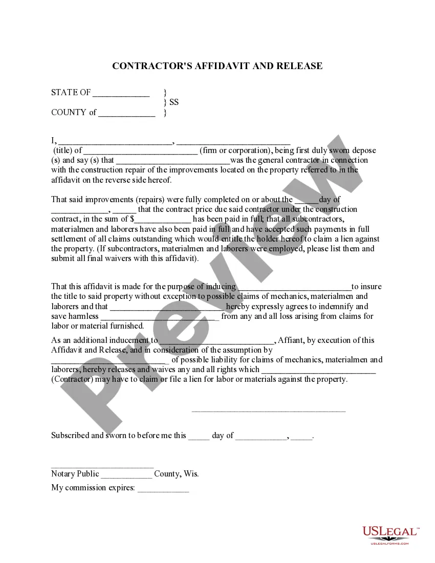 Get Contractor's Affidavit and Release Preview Contractor's Affidavit and Release