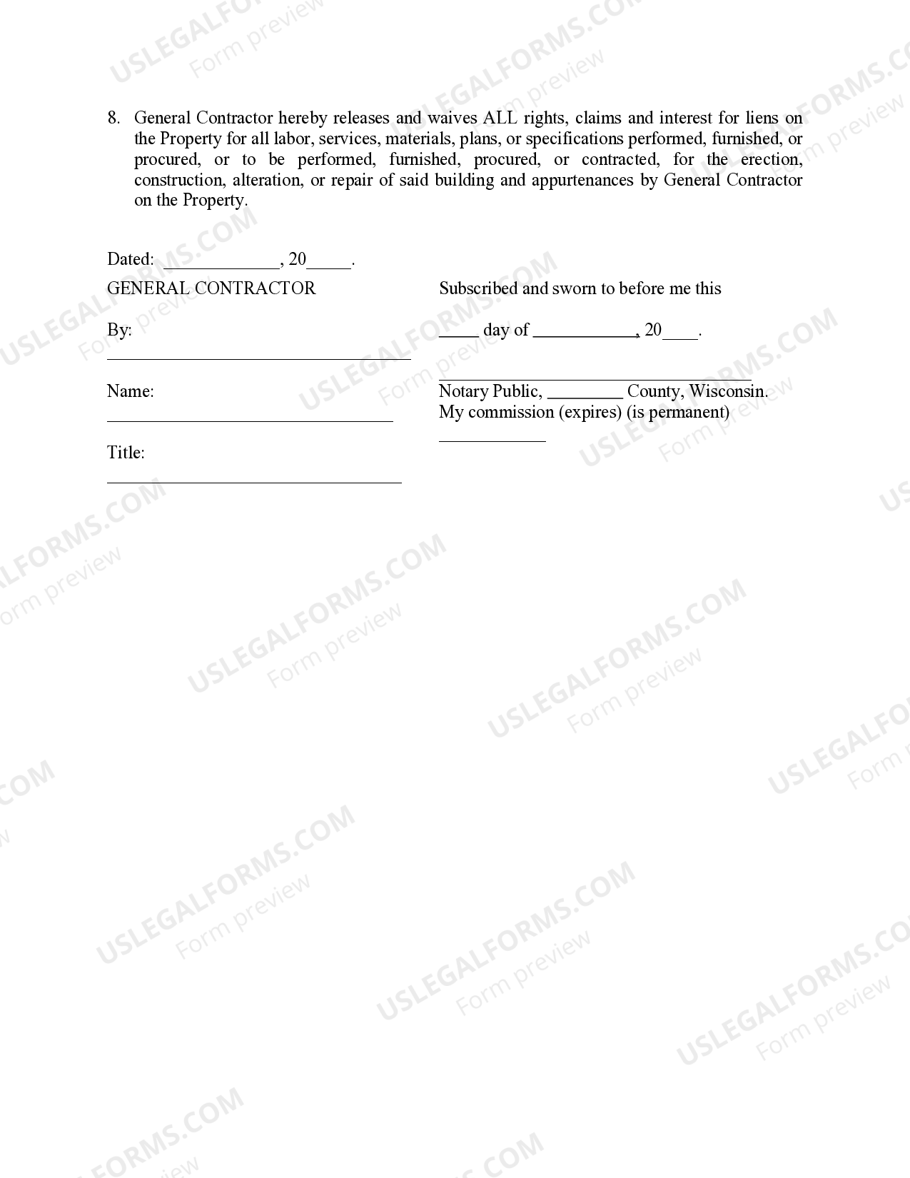 Wisconsin General Contractor s Affidavit Of Completion And Release US 