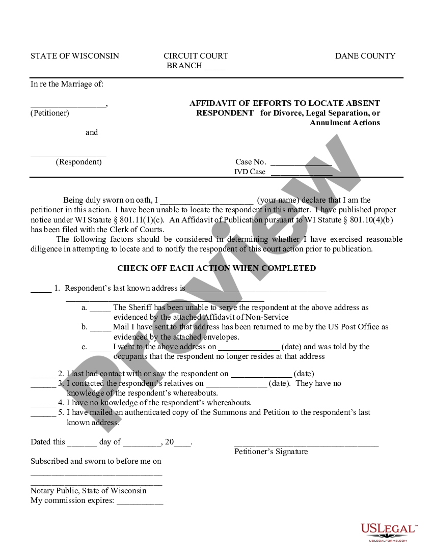 Wisconsin Affidavit of Efforts to Locate Absent Respondent | US Legal Forms