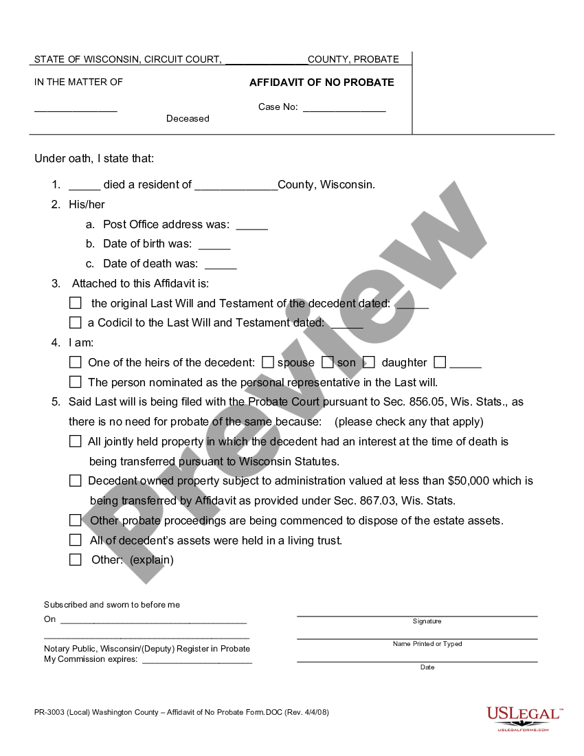 Wisconsin Affidavit Of No Probate Us Legal Forms 9451