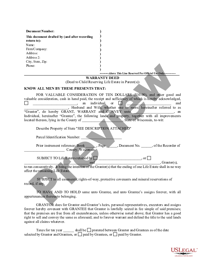 Wisconsin Warranty Deed for Parents to Child with Reservation of Life ...