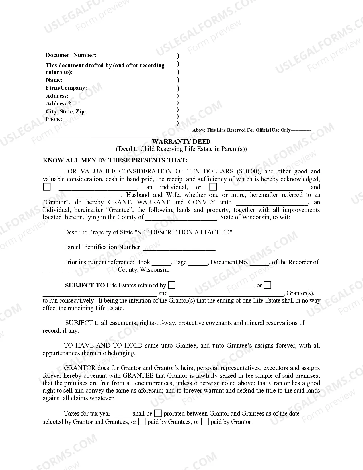 Preview Warranty Deed for Parents to Child with Reservation of Life Estate