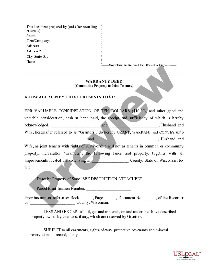 Preview Warranty Deed for Conversion of Community Property to Joint Tenancy