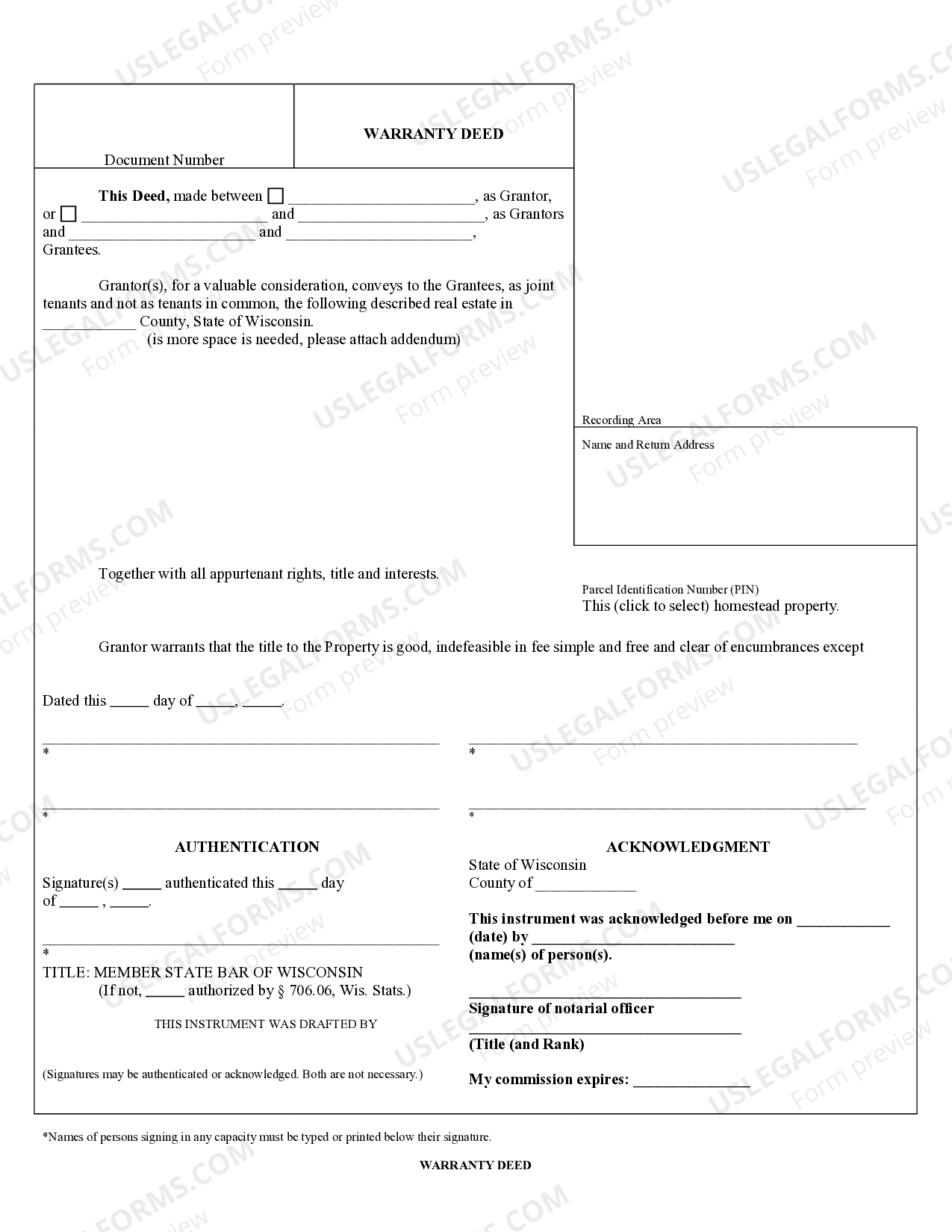 Wisconsin Warranty Deed for Separate or Joint Property to Joint Tenancy