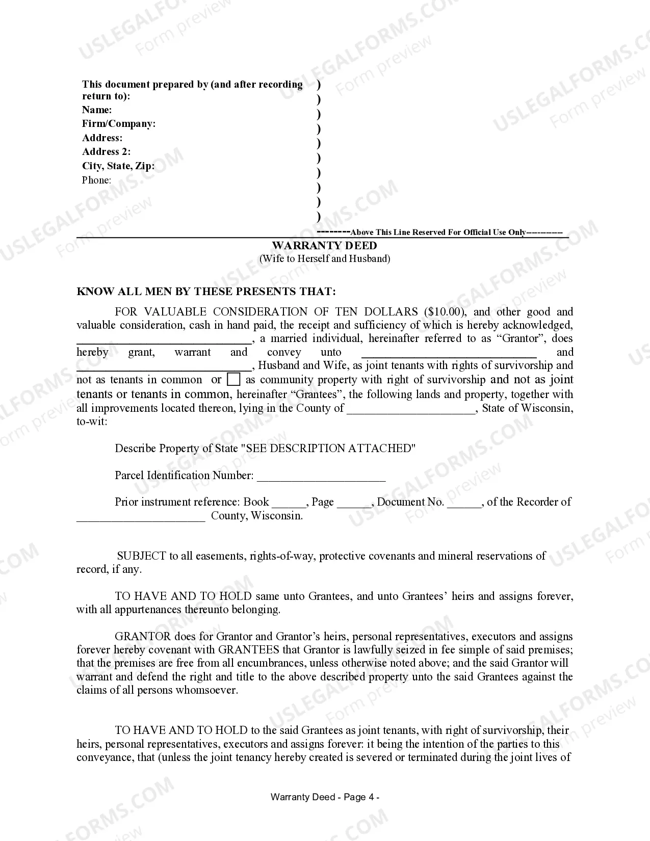 Preview Warranty Deed for Separate Property of one Spouse to both as Joint Tenants