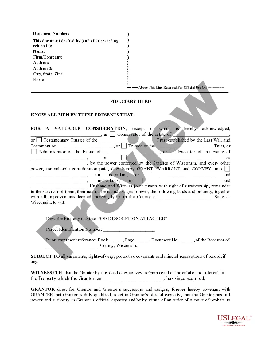 Preview Fiduciary Deed for use by Executors, Trustees, Trustors, Administrators and other Fiduciaries