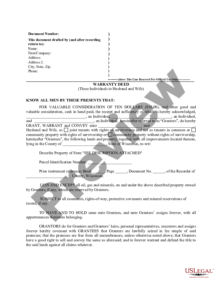 Wisconsin Warranty Deed for Three Individuals to Husband and Wife | US ...