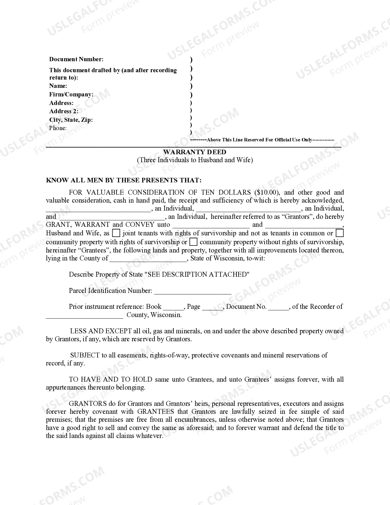 Preview Warranty Deed for Three Individuals to Husband and Wife