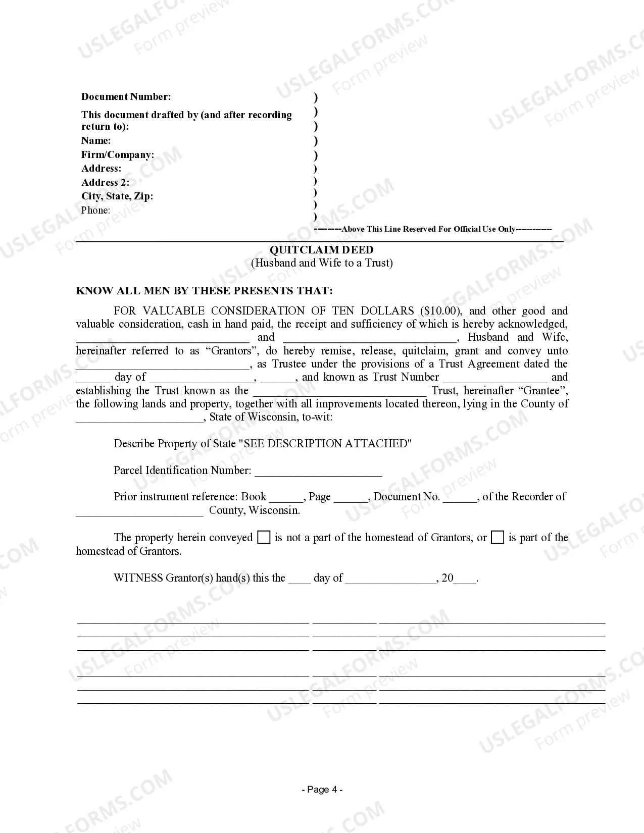 Preview Quitclaim Deed for Husband and Wife to a Trust