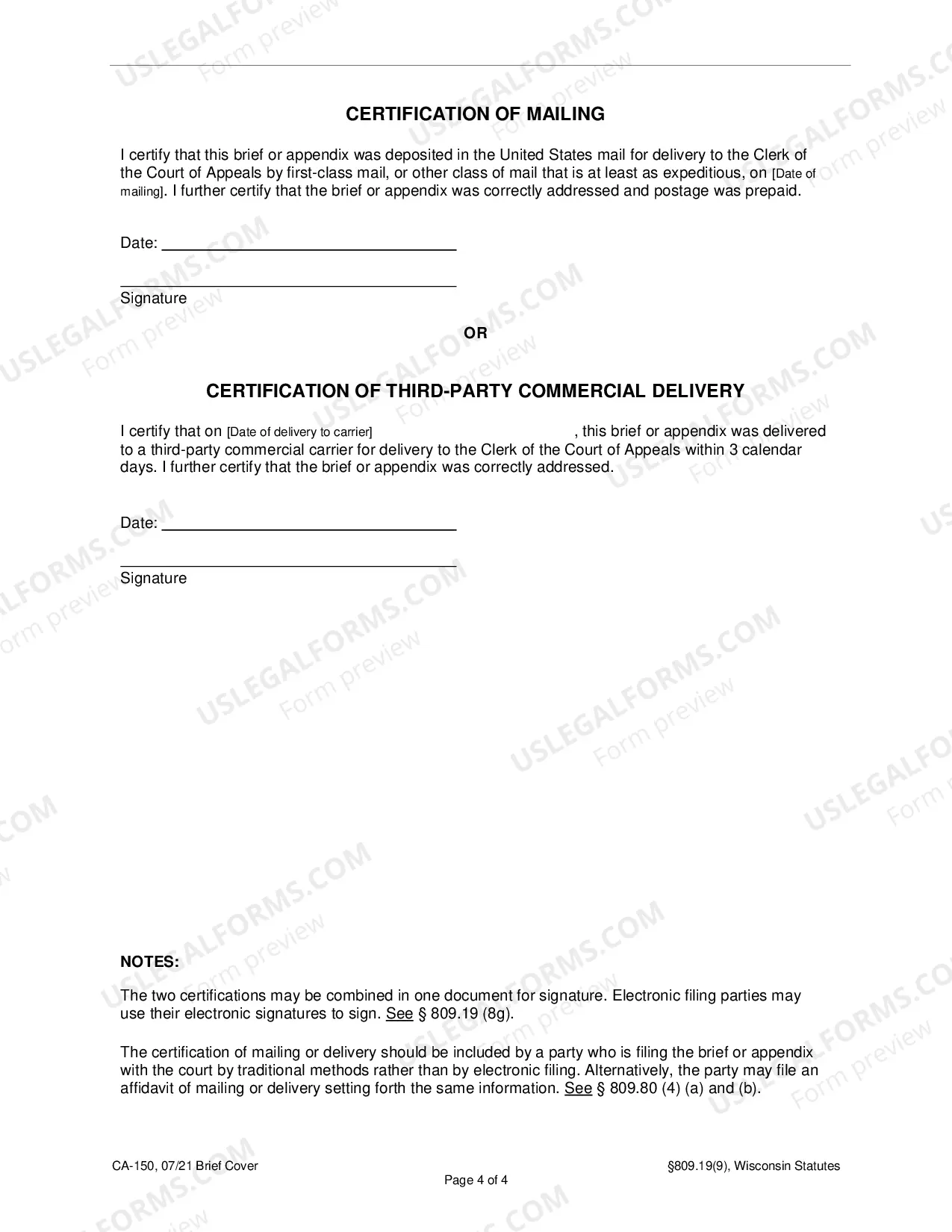 Preview Brief Cover (includes: Certification of Mailing (or Third-Party Commercial Delivery), form and length Certification, Appendix Certification)