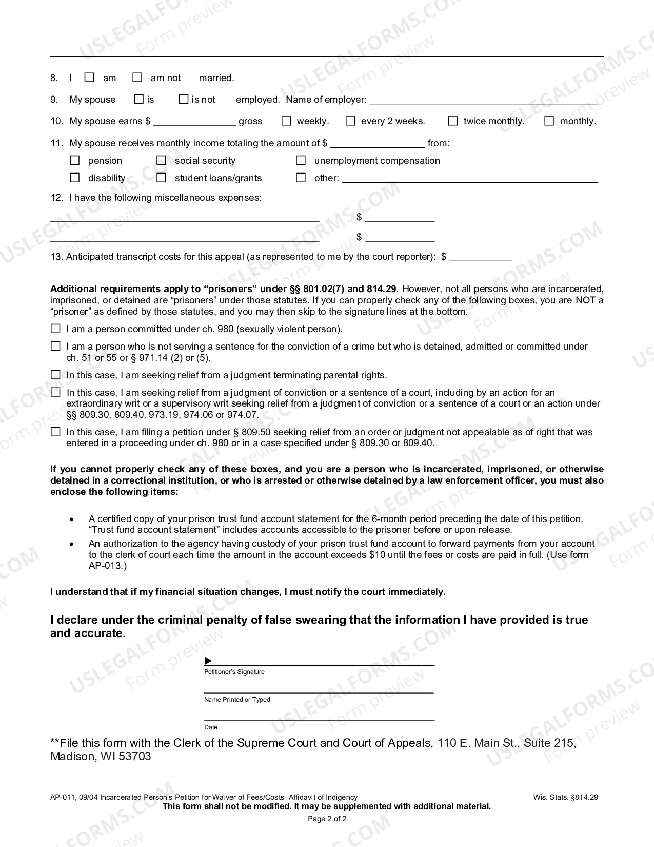 Preview Prisoner's Petition for Waiver of Fees/Costs - Affidavit of Indigency