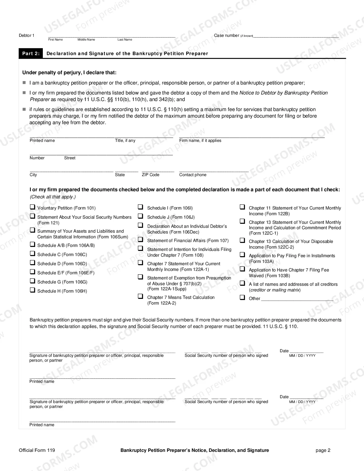 Preview Bankruptcy Petition Preparer's Notice, Declaration and Signature