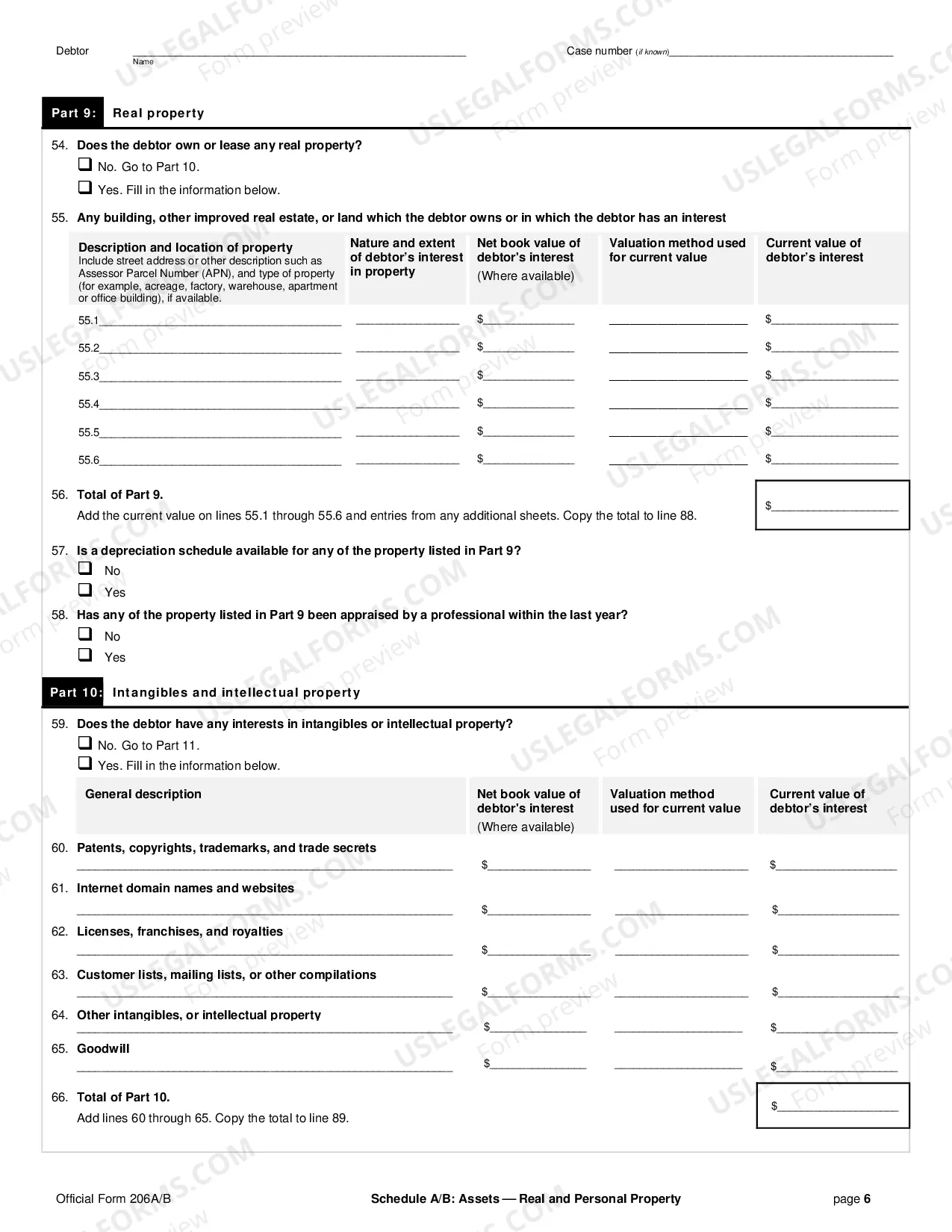 Preview Schedule A/B: Property (non-individuals)