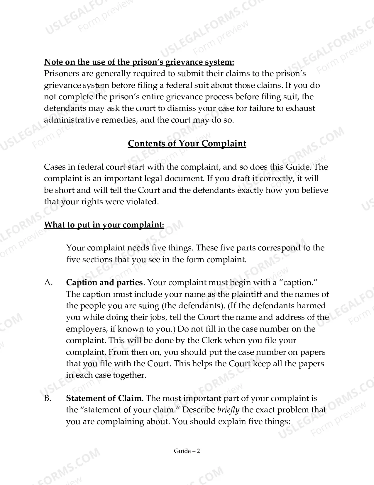 Preview Guide and Complaint for Prisoner Filing Without a Lawyer