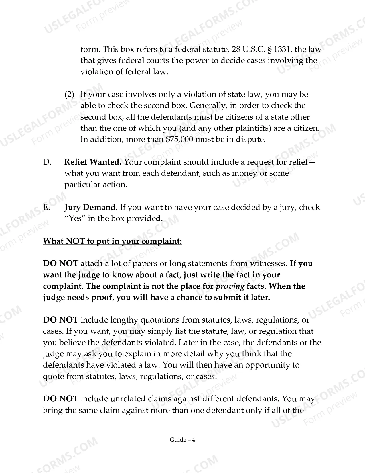 Preview Guide and Complaint for Prisoner Filing Without a Lawyer
