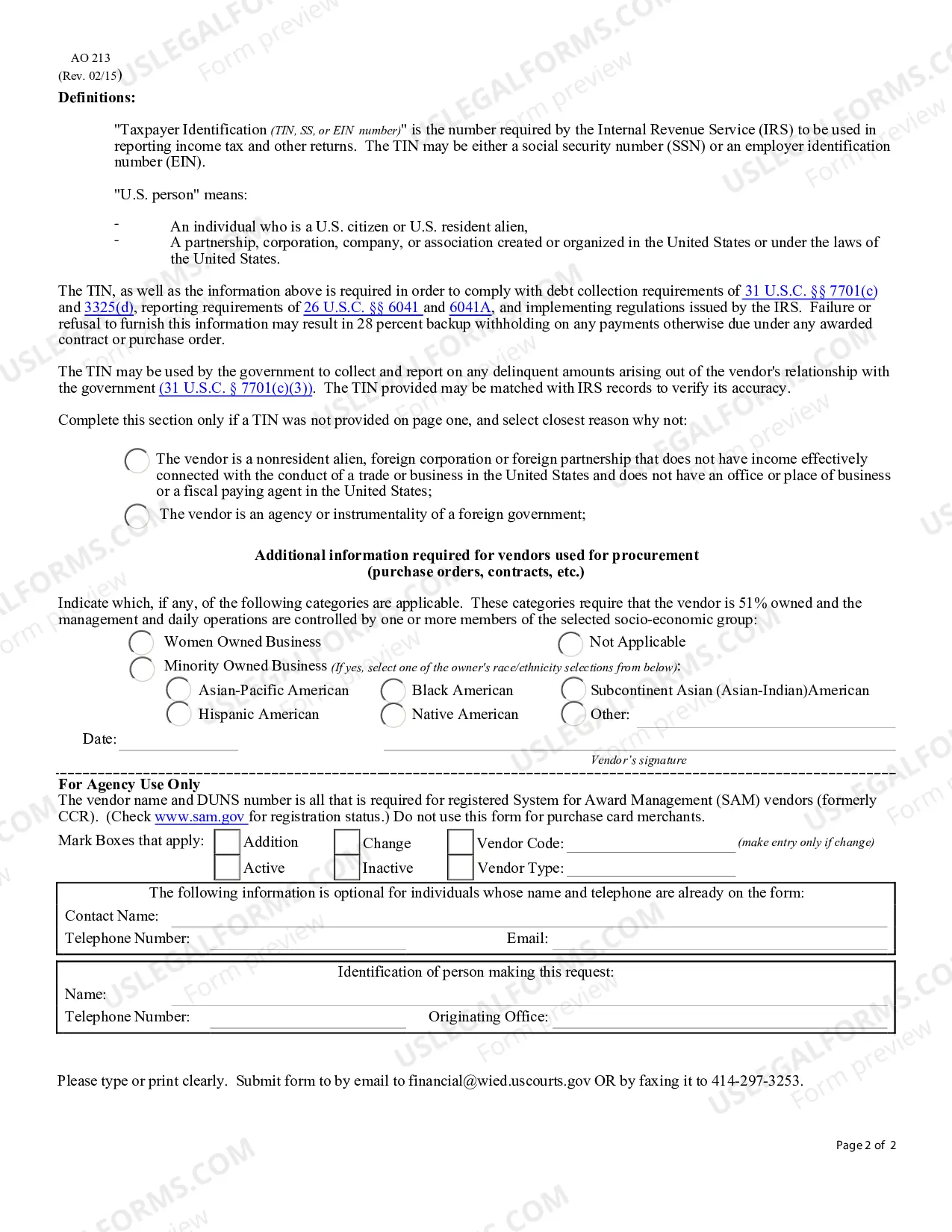 Preview AO 213 Form - Service Provider/Expert Vendor Information