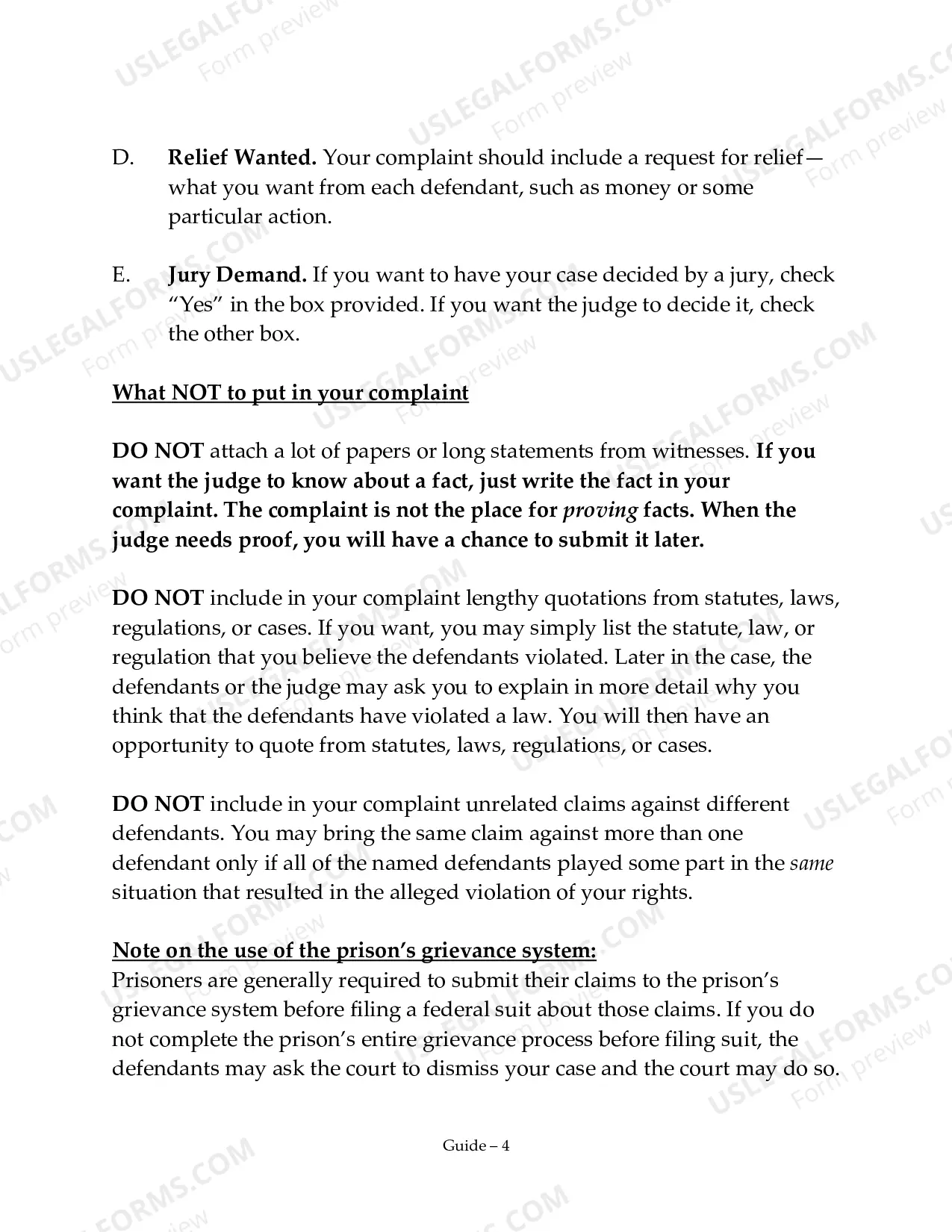 Preview Prisoner Complaint Package