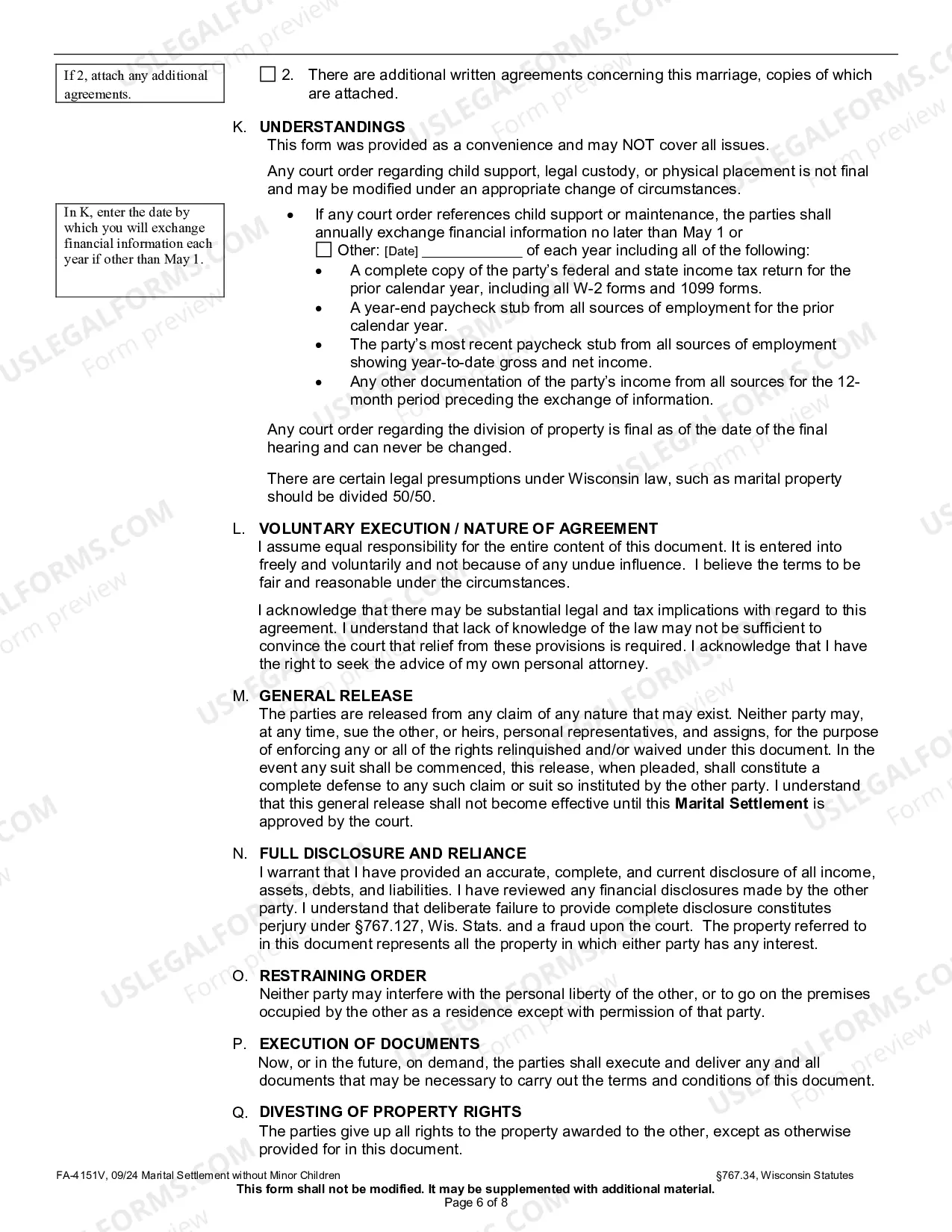 Preview FA-4151V Marital Settlement Agreement (Without Minor Children)