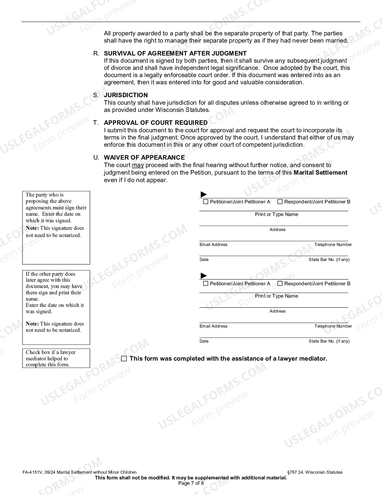Preview FA-4151V Marital Settlement Agreement (Without Minor Children)