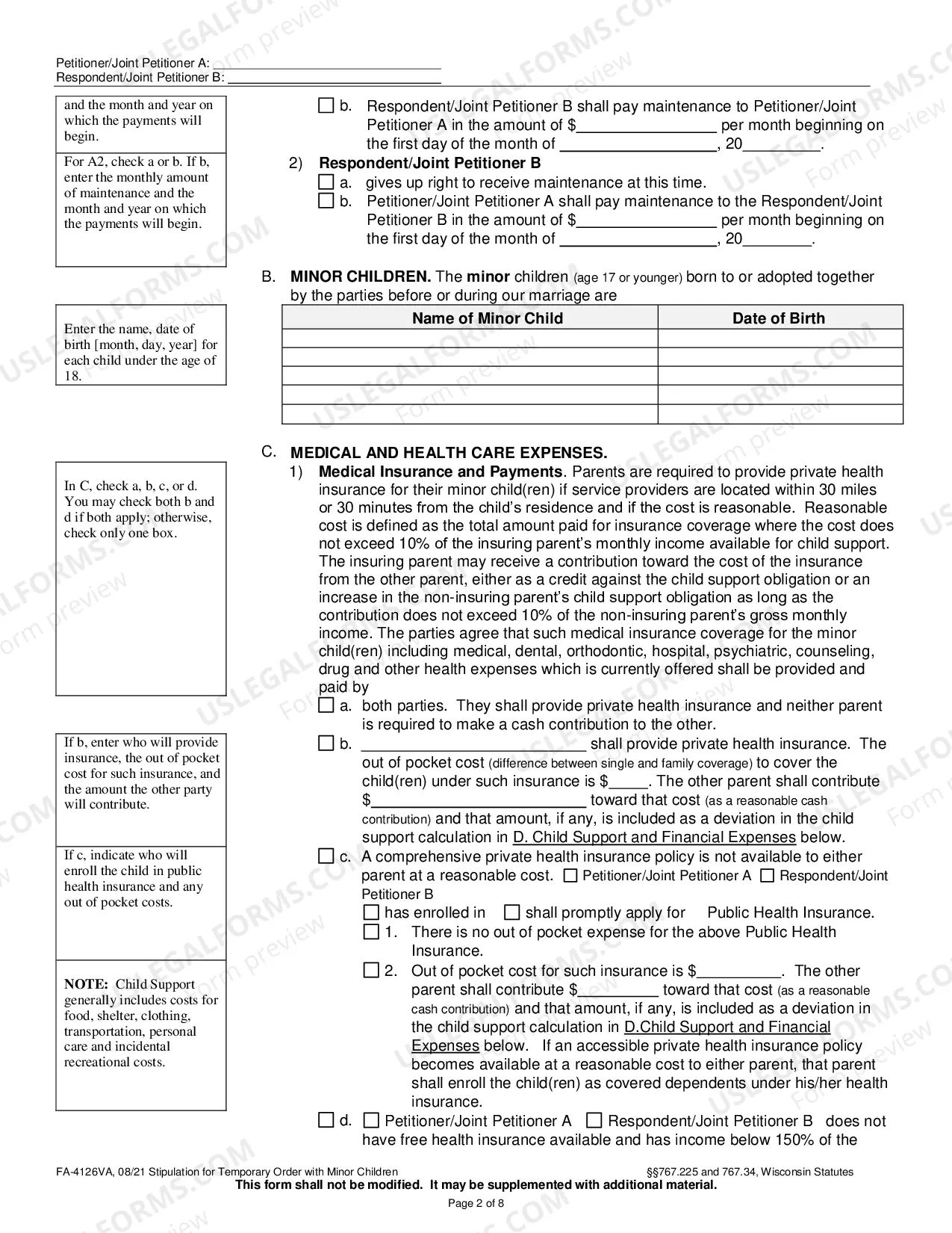 Preview FA-4126VAStipulation for Temporary Order With Minor Children