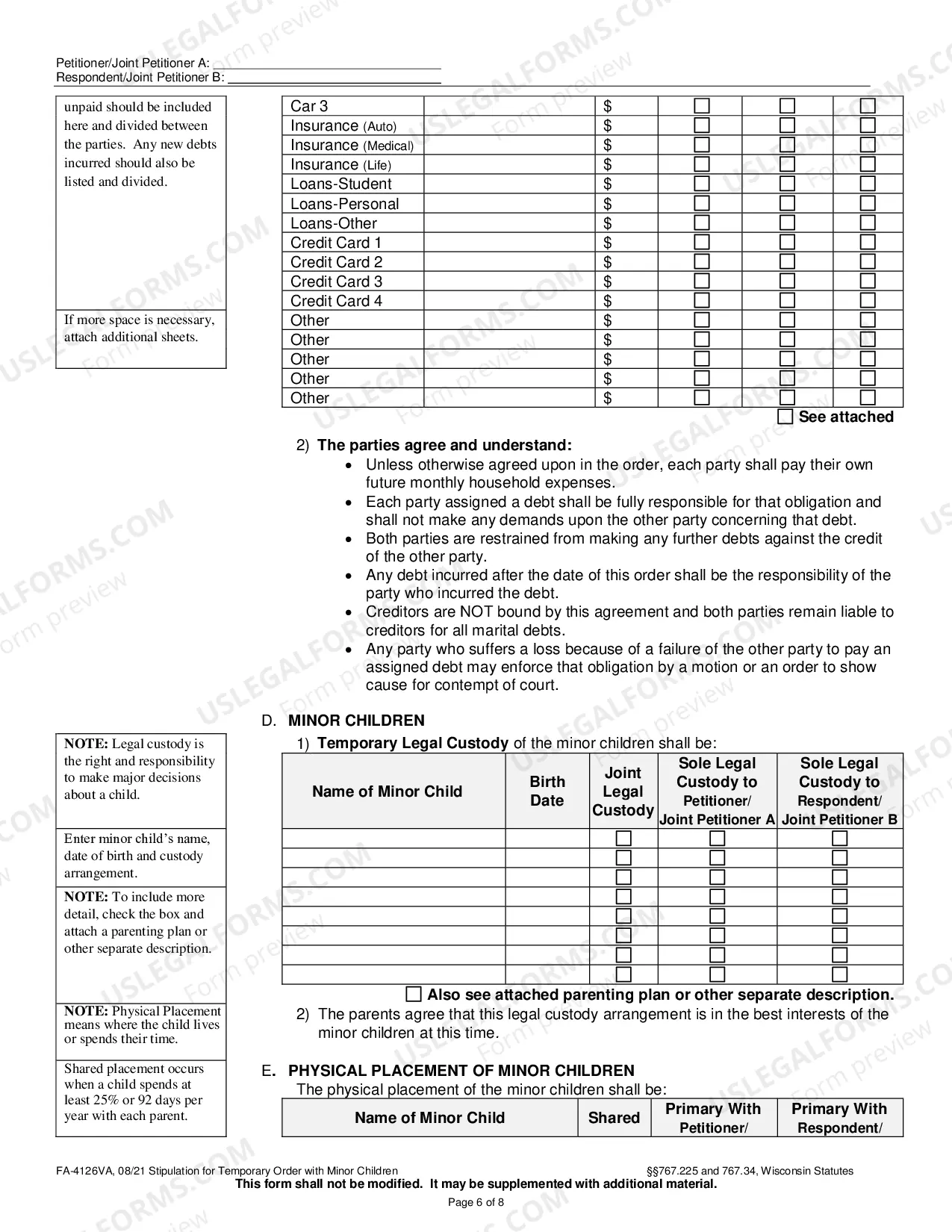 Preview FA-4126VAStipulation for Temporary Order With Minor Children