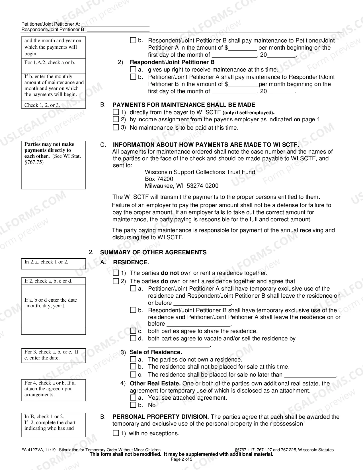 Preview FA-4127VA Stipulation for Temporary Order Without Minor Children