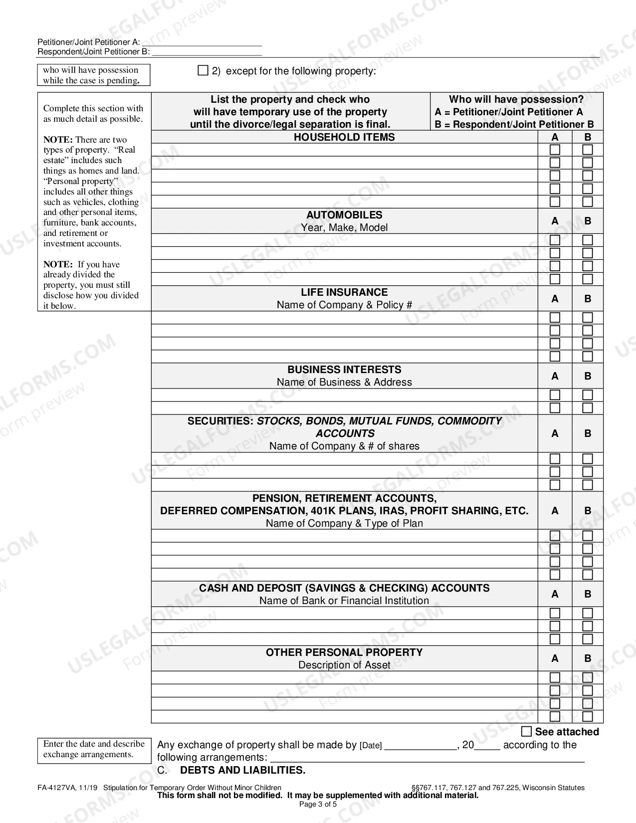 Preview FA-4127VA Stipulation for Temporary Order Without Minor Children
