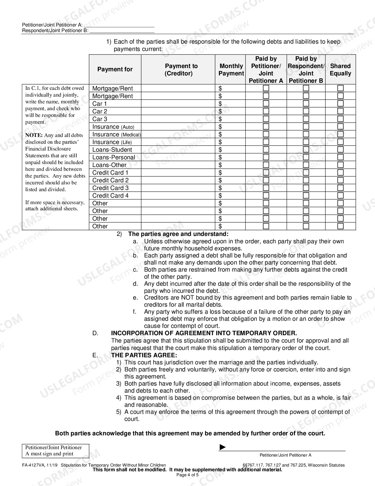 Preview FA-4127VA Stipulation for Temporary Order Without Minor Children